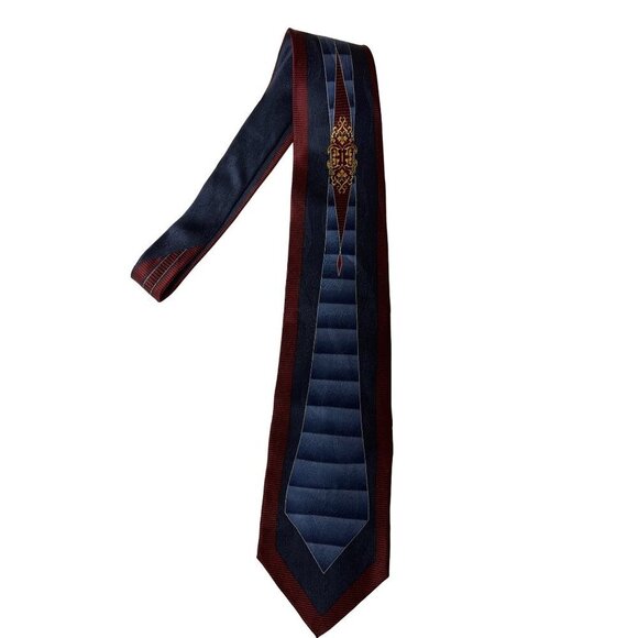 VTG Stacy Adams 100% Silk Neck Tie Blue Red Abstract Crest Men's - Picture 1 of 8